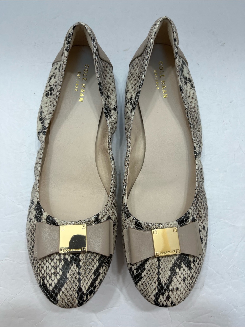 Cole Haan Tali Bow Ballet Flats Roccia Snake Print Leather 10B D43266 EUC